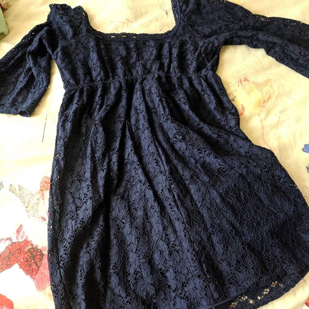 Bell sleeve empire waist navy lace dress